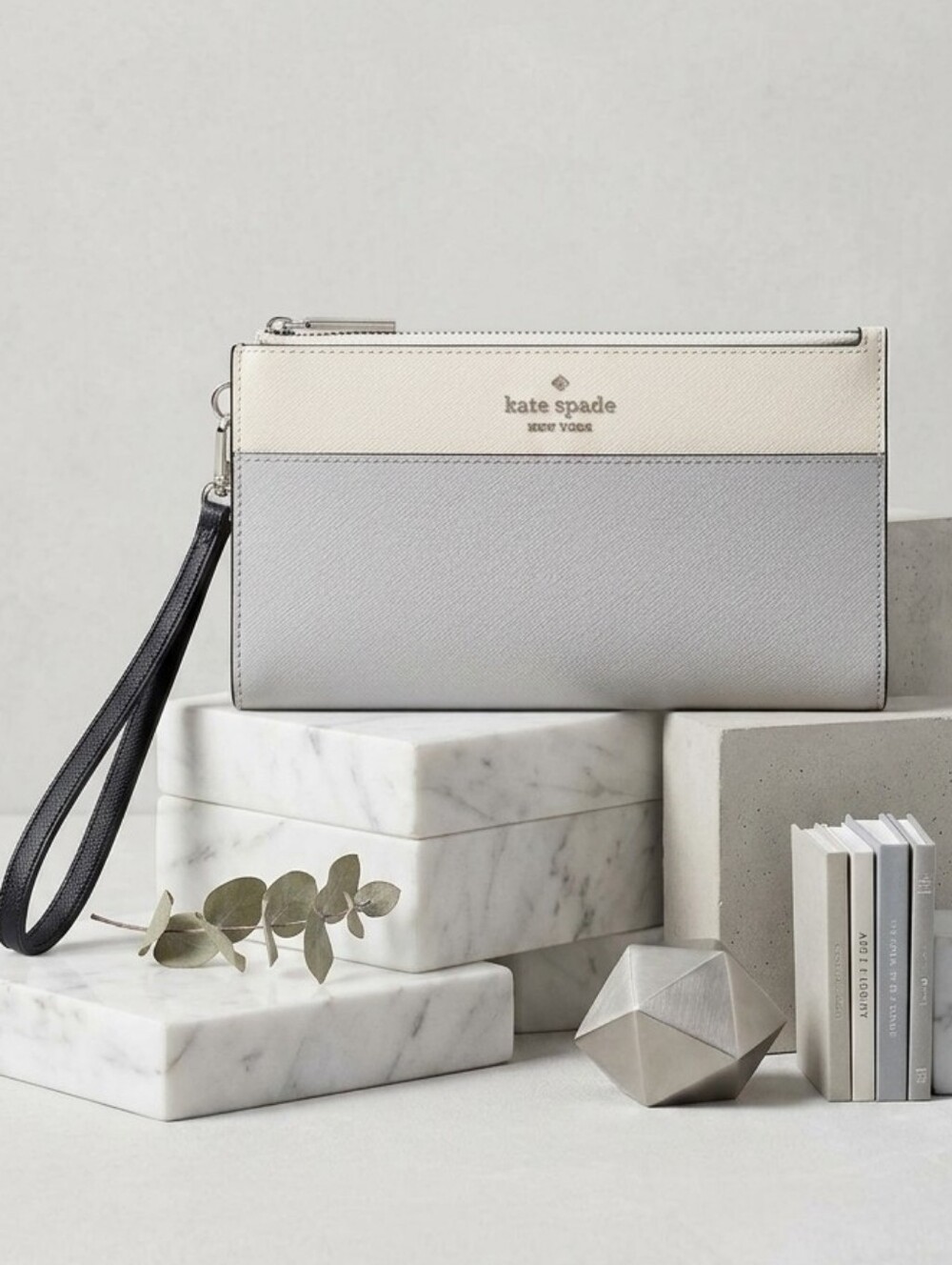 Kate Spade Two-Tone Leather Wristlet in Cream & Platinum Gray Black Strap Wallet